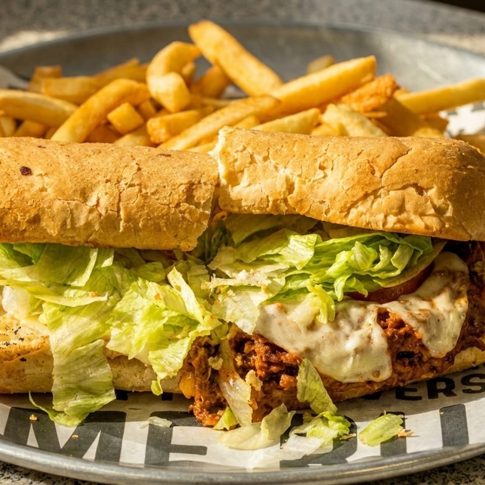 A large sub sandwich with lettuce and melted cheese, served with fries and ketchup on a metal tray.