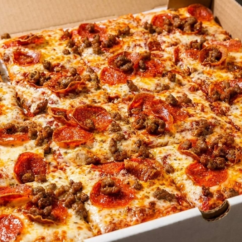 A square deep-dish pizza with pepperoni and sausage, cut into squares, in a cardboard box.