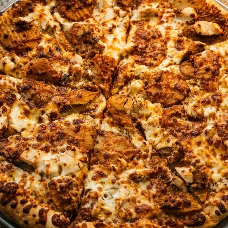A whole BBQ chicken pizza, cut into slices, on a metal pan atop a granite counter.
