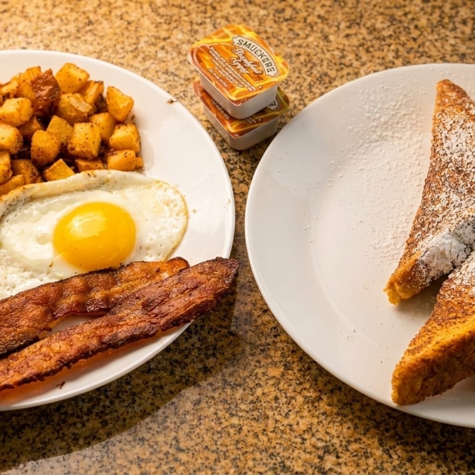 Plates of breakfast food with eggs, bacon, hash browns, and powdered sugar French toast.