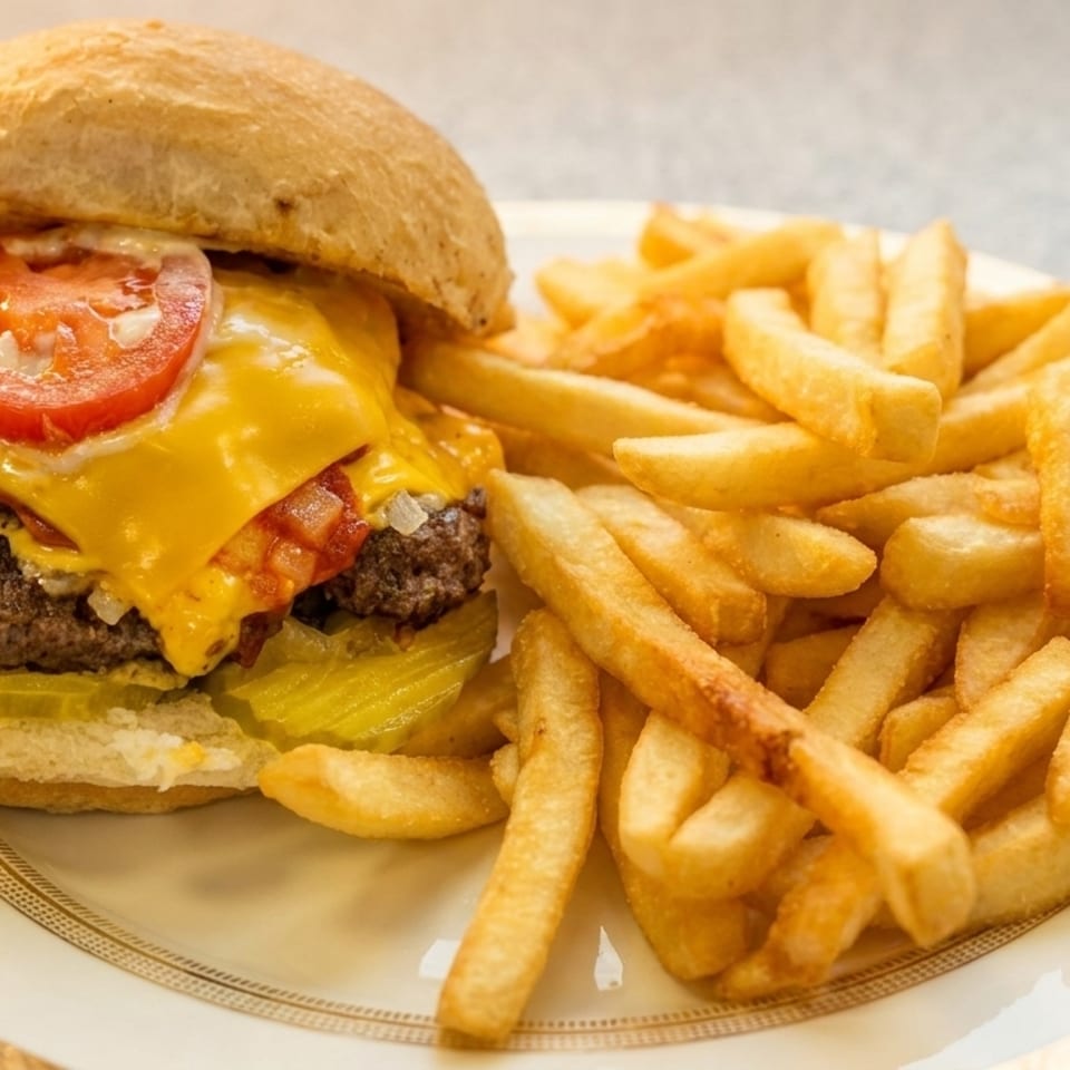 A double cheeseburger with tomato, pickles, and melted cheese, served with golden french fries.