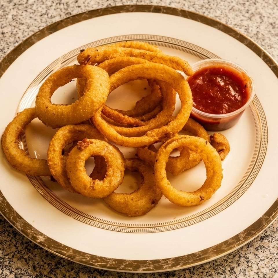 A plate of golden-brown onion rings with a side of red dipping sauce on a speckled countertop.