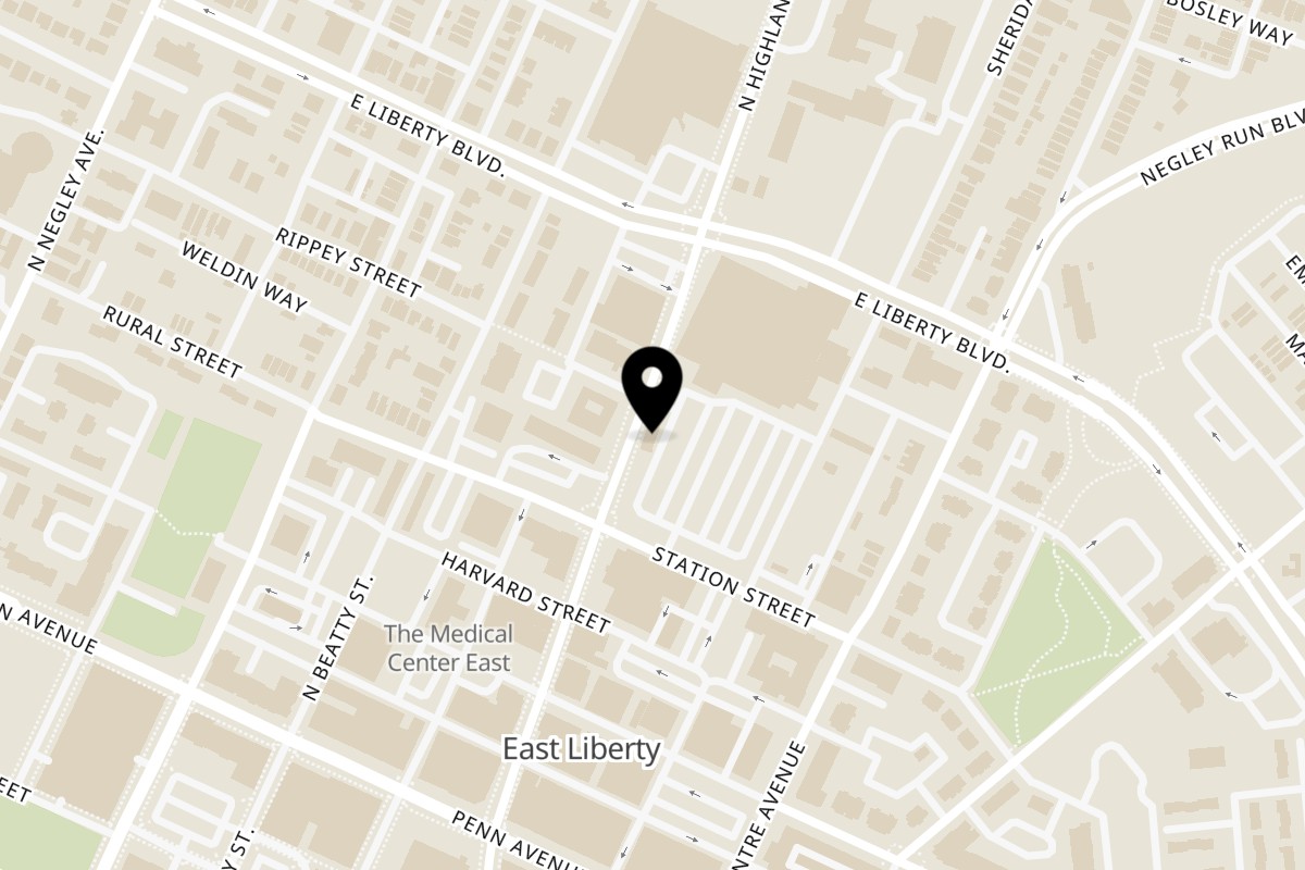 Map showing the location of Vento's Pizza on 420 N Highland Ave in Pittsburgh